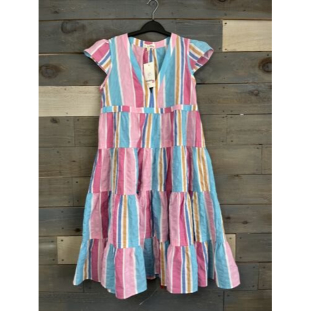 NWT Lemlem $375 Jima Banu Striped Midi Summer Dress Aqua Pink Blue Sz L
